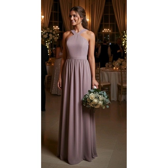 Lulus Air of Romance Taupe Chiffon Maxi Dress Formal Prom Wedding Womens Size M - Picture 1 of 8
